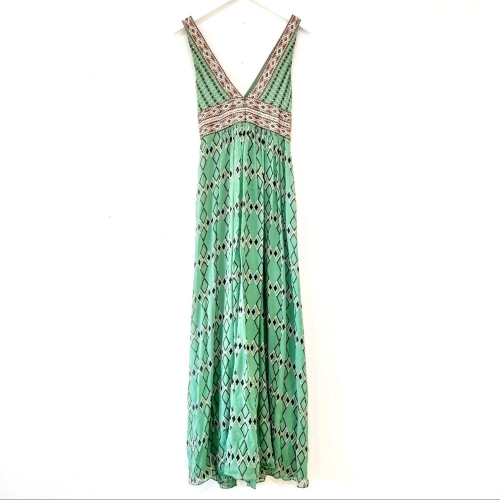 BCBGMaxAzria Green Printed V-Neck Maxi Dress with Ivory Trim - Picture 3 of 9